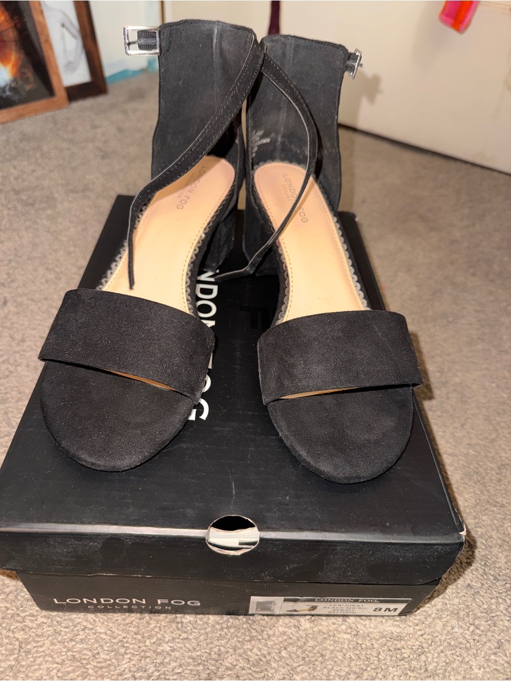 London Fog Black Suede Open-Toe Ankle-Strap Block Heels